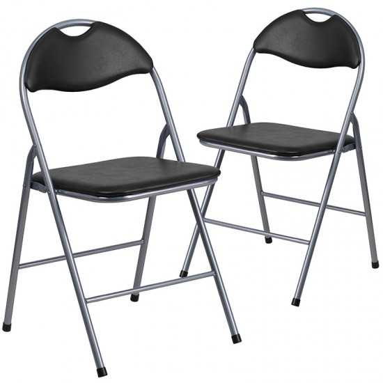 2 Pack Black Vinyl Metal Folding Chair with Carrying Handle