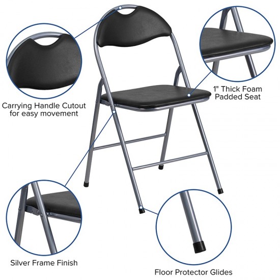 2 Pack Black Vinyl Metal Folding Chair with Carrying Handle