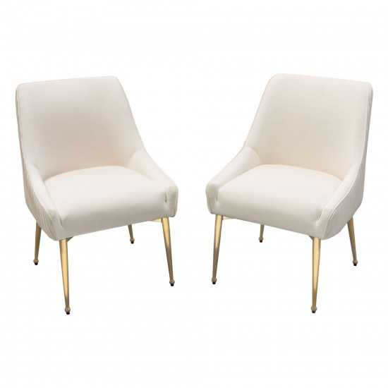 Set of (2) Quinn Dining Chairs w/ Vertical Outside Pleat Detail and Contoured Arm in Cream Velvet w/ Brushed Gold Metal Leg