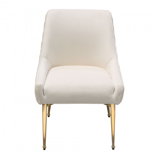 Set of (2) Quinn Dining Chairs w/ Vertical Outside Pleat Detail and Contoured Arm in Cream Velvet w/ Brushed Gold Metal Leg