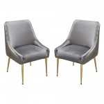 Set of (2) Quinn Dining Chairs w/ Vertical Outside Pleat Detail and Contoured Arm in Grey Velvet w/ Brushed Gold Metal Leg