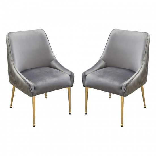 Set of (2) Quinn Dining Chairs w/ Vertical Outside Pleat Detail and Contoured Arm in Grey Velvet w/ Brushed Gold Metal Leg