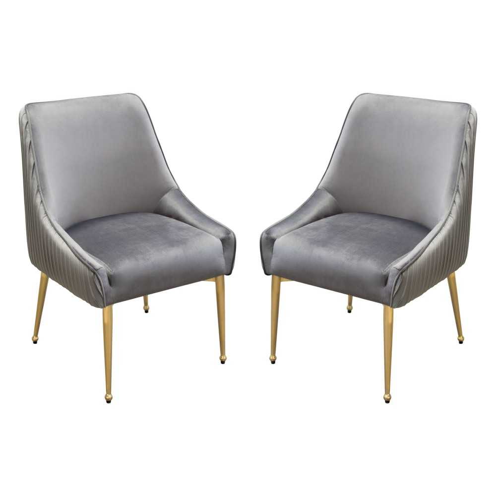 Set of (2) Quinn Dining Chairs w/ Vertical Outside Pleat Detail and Contoured Arm in Grey Velvet w/ Brushed Gold Metal Leg