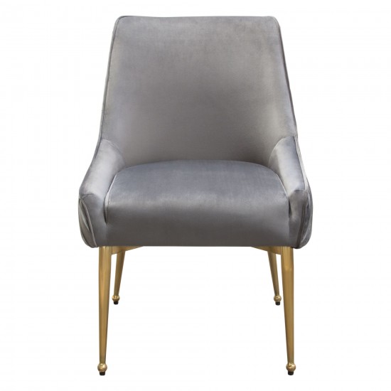 Set of (2) Quinn Dining Chairs w/ Vertical Outside Pleat Detail and Contoured Arm in Grey Velvet w/ Brushed Gold Metal Leg