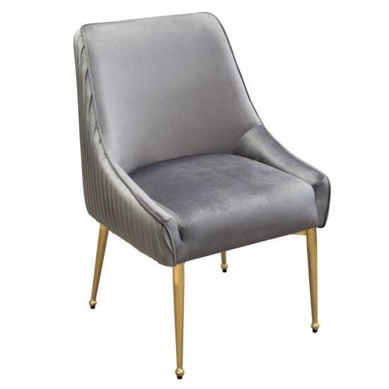 Set of (2) Quinn Dining Chairs w/ Vertical Outside Pleat Detail and Contoured Arm in Grey Velvet w/ Brushed Gold Metal Leg