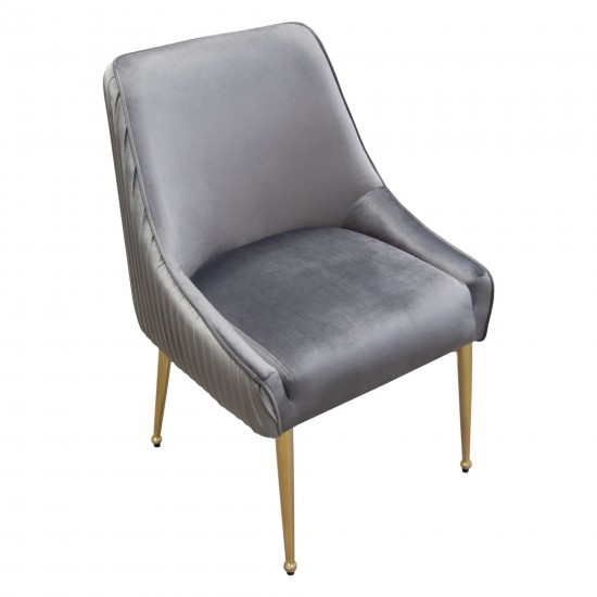 Set of (2) Quinn Dining Chairs w/ Vertical Outside Pleat Detail and Contoured Arm in Grey Velvet w/ Brushed Gold Metal Leg