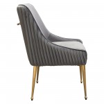 Set of (2) Quinn Dining Chairs w/ Vertical Outside Pleat Detail and Contoured Arm in Grey Velvet w/ Brushed Gold Metal Leg