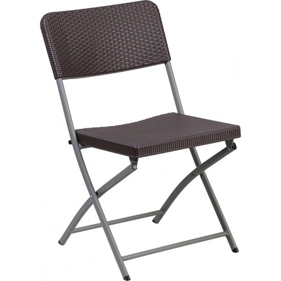 Brown Rattan Plastic Folding Chair with Gray Frame