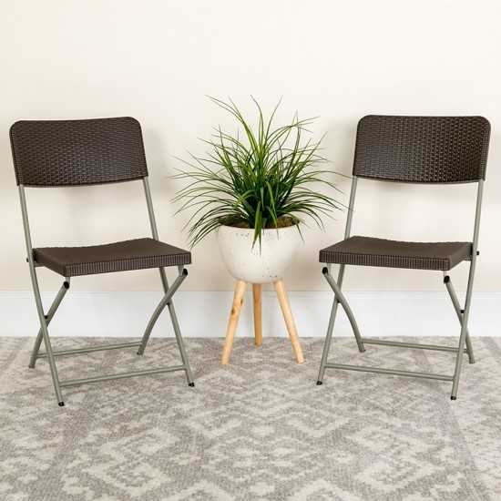 Brown Rattan Plastic Folding Chair with Gray Frame