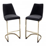 Vogue Set of (2) Bar Height Chairs in Black Velvet with Polished Gold Metal Base by Diamond Sofa