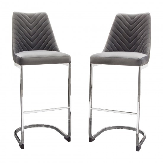 Vogue Set of (2) Bar Height Chairs in Grey Velvet with Polished Silver Metal Base by Diamond Sofa