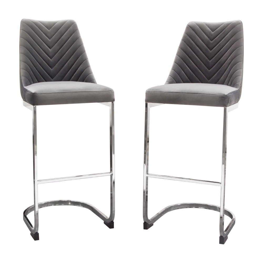 Vogue Set of (2) Bar Height Chairs in Grey Velvet with Polished Silver Metal Base by Diamond Sofa