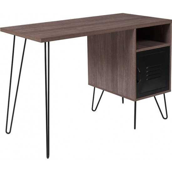 Woodridge Collection Rustic Wood Grain Finish Computer Desk with Metal Cabinet Door and Black Metal Legs