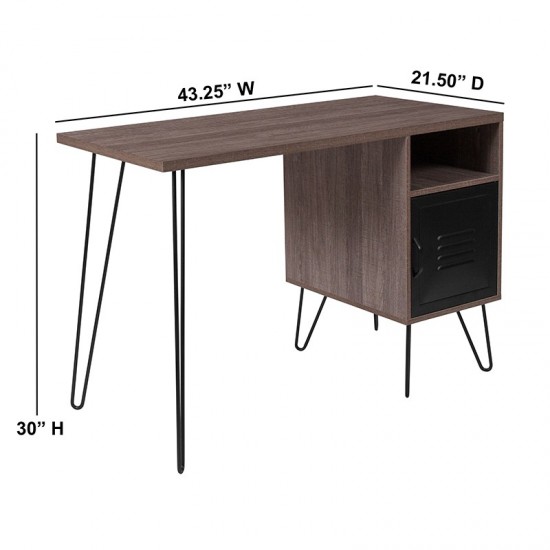 Woodridge Collection Rustic Wood Grain Finish Computer Desk with Metal Cabinet Door and Black Metal Legs