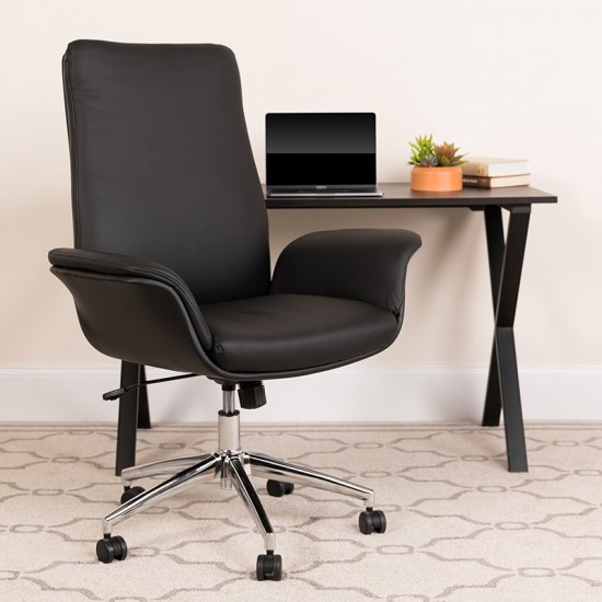 Mid-Back Black LeatherSoft Executive Swivel Office Chair with Flared Arms