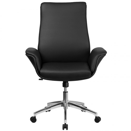 Mid-Back Black LeatherSoft Executive Swivel Office Chair with Flared Arms