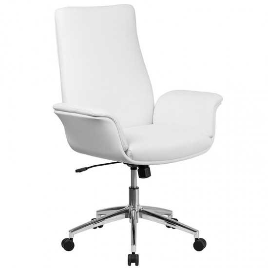 Mid-Back White LeatherSoft Executive Swivel Office Chair with Flared Arms