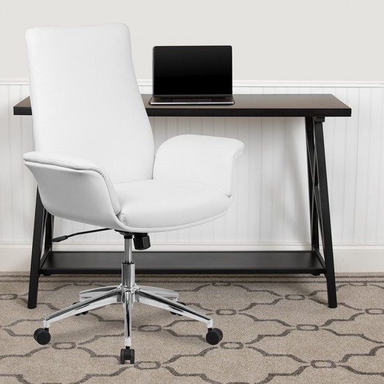 Mid-Back White LeatherSoft Executive Swivel Office Chair with Flared Arms