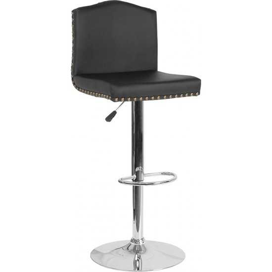 Bellagio Contemporary Adjustable Height Barstool with Accent Nail Trim in Black LeatherSoft