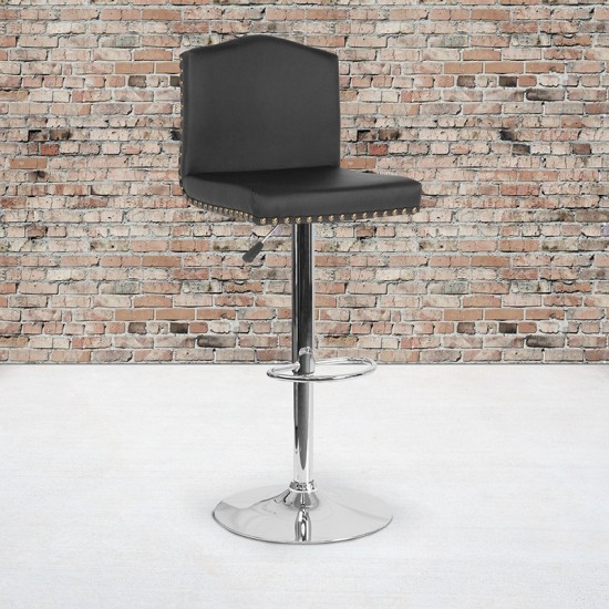 Bellagio Contemporary Adjustable Height Barstool with Accent Nail Trim in Black LeatherSoft