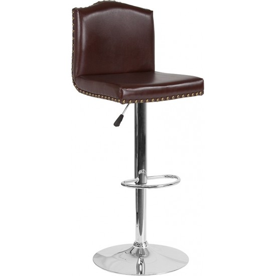 Bellagio Contemporary Adjustable Height Barstool with Accent Nail Trim in Brown LeatherSoft