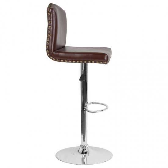 Bellagio Contemporary Adjustable Height Barstool with Accent Nail Trim in Brown LeatherSoft