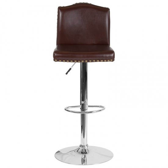 Bellagio Contemporary Adjustable Height Barstool with Accent Nail Trim in Brown LeatherSoft