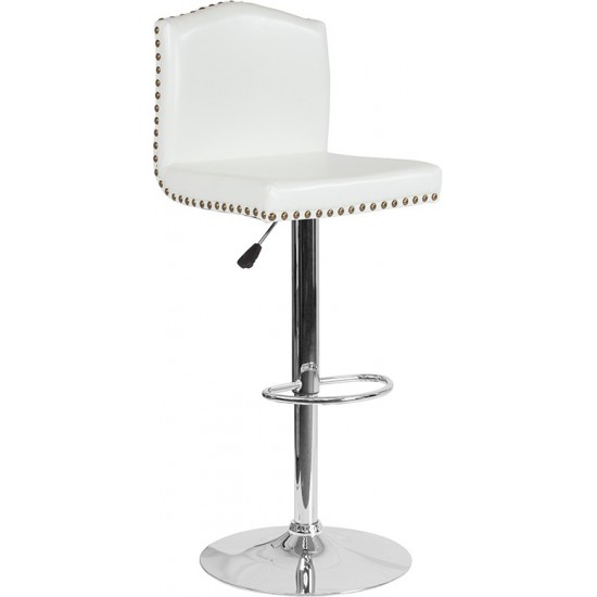 Bellagio Contemporary Adjustable Height Barstool with Accent Nail Trim in White LeatherSoft