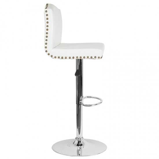 Bellagio Contemporary Adjustable Height Barstool with Accent Nail Trim in White LeatherSoft