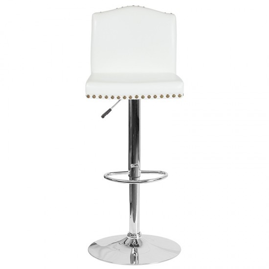 Bellagio Contemporary Adjustable Height Barstool with Accent Nail Trim in White LeatherSoft