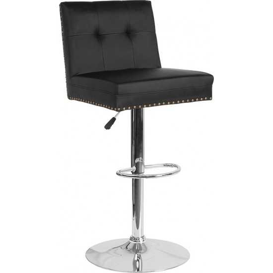 Ravello Contemporary Adjustable Height Barstool with Accent Nail Trim in Black LeatherSoft