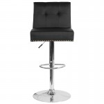 Ravello Contemporary Adjustable Height Barstool with Accent Nail Trim in Black LeatherSoft