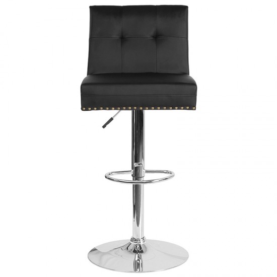 Ravello Contemporary Adjustable Height Barstool with Accent Nail Trim in Black LeatherSoft