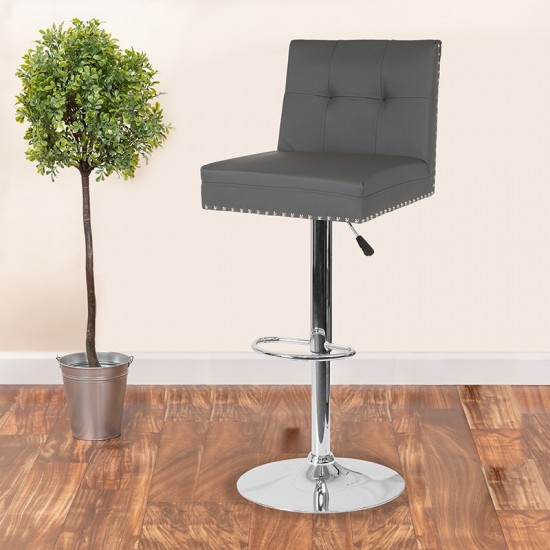 Ravello Contemporary Adjustable Height Barstool with Accent Nail Trim in Gray LeatherSoft