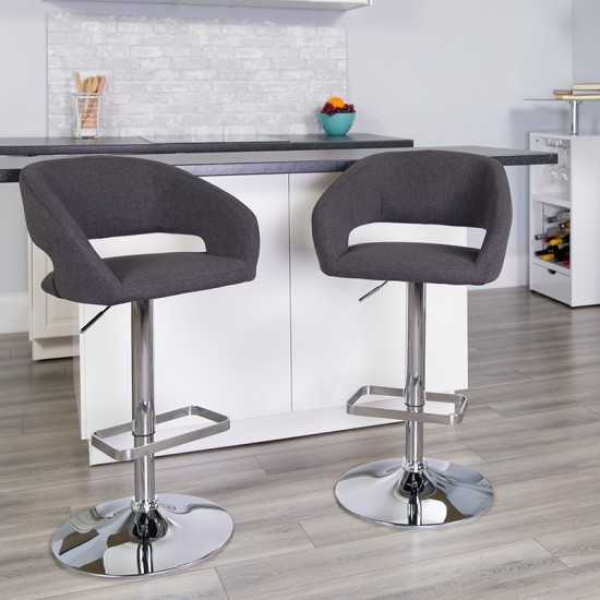 Contemporary Charcoal Fabric Adjustable Height Barstool with Rounded Mid-Back and Chrome Base