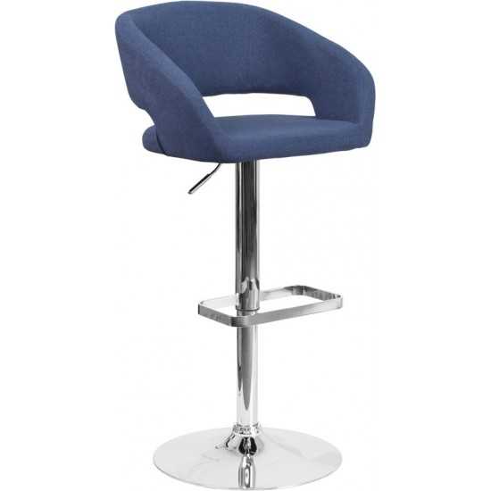 Contemporary Blue Fabric Adjustable Height Barstool with Rounded Mid-Back and Chrome Base