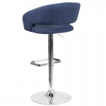 Contemporary Blue Fabric Adjustable Height Barstool with Rounded Mid-Back and Chrome Base