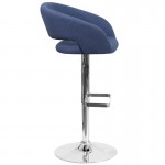 Contemporary Blue Fabric Adjustable Height Barstool with Rounded Mid-Back and Chrome Base