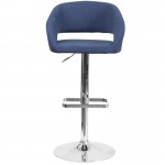 Contemporary Blue Fabric Adjustable Height Barstool with Rounded Mid-Back and Chrome Base