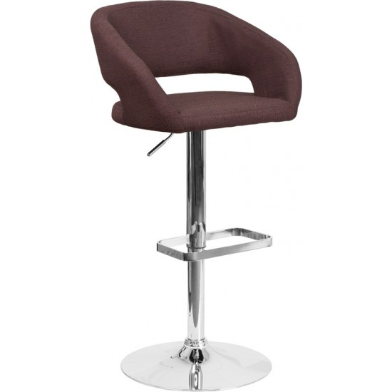 Contemporary Brown Fabric Adjustable Height Barstool with Rounded Mid-Back and Chrome Base