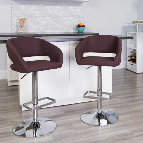 Contemporary Brown Fabric Adjustable Height Barstool with Rounded Mid-Back and Chrome Base