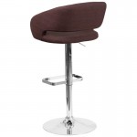 Contemporary Brown Fabric Adjustable Height Barstool with Rounded Mid-Back and Chrome Base