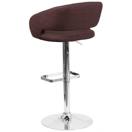 Contemporary Brown Fabric Adjustable Height Barstool with Rounded Mid-Back and Chrome Base