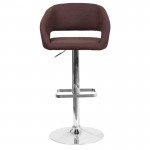Contemporary Brown Fabric Adjustable Height Barstool with Rounded Mid-Back and Chrome Base