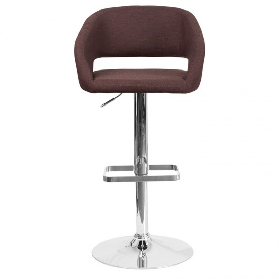 Contemporary Brown Fabric Adjustable Height Barstool with Rounded Mid-Back and Chrome Base