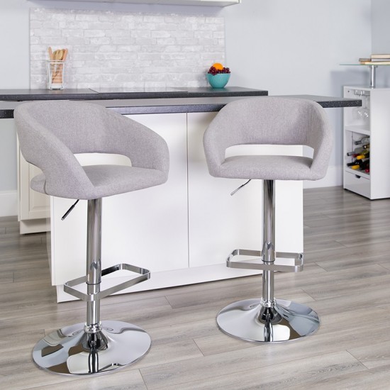 Contemporary Gray Fabric Adjustable Height Barstool with Rounded Mid-Back and Chrome Base