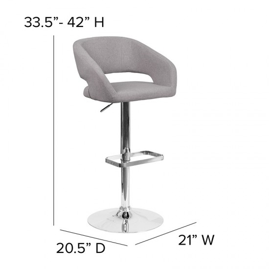 Contemporary Gray Fabric Adjustable Height Barstool with Rounded Mid-Back and Chrome Base