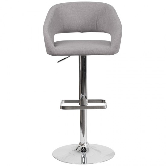 Contemporary Gray Fabric Adjustable Height Barstool with Rounded Mid-Back and Chrome Base