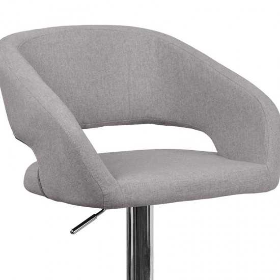 Contemporary Gray Fabric Adjustable Height Barstool with Rounded Mid-Back and Chrome Base