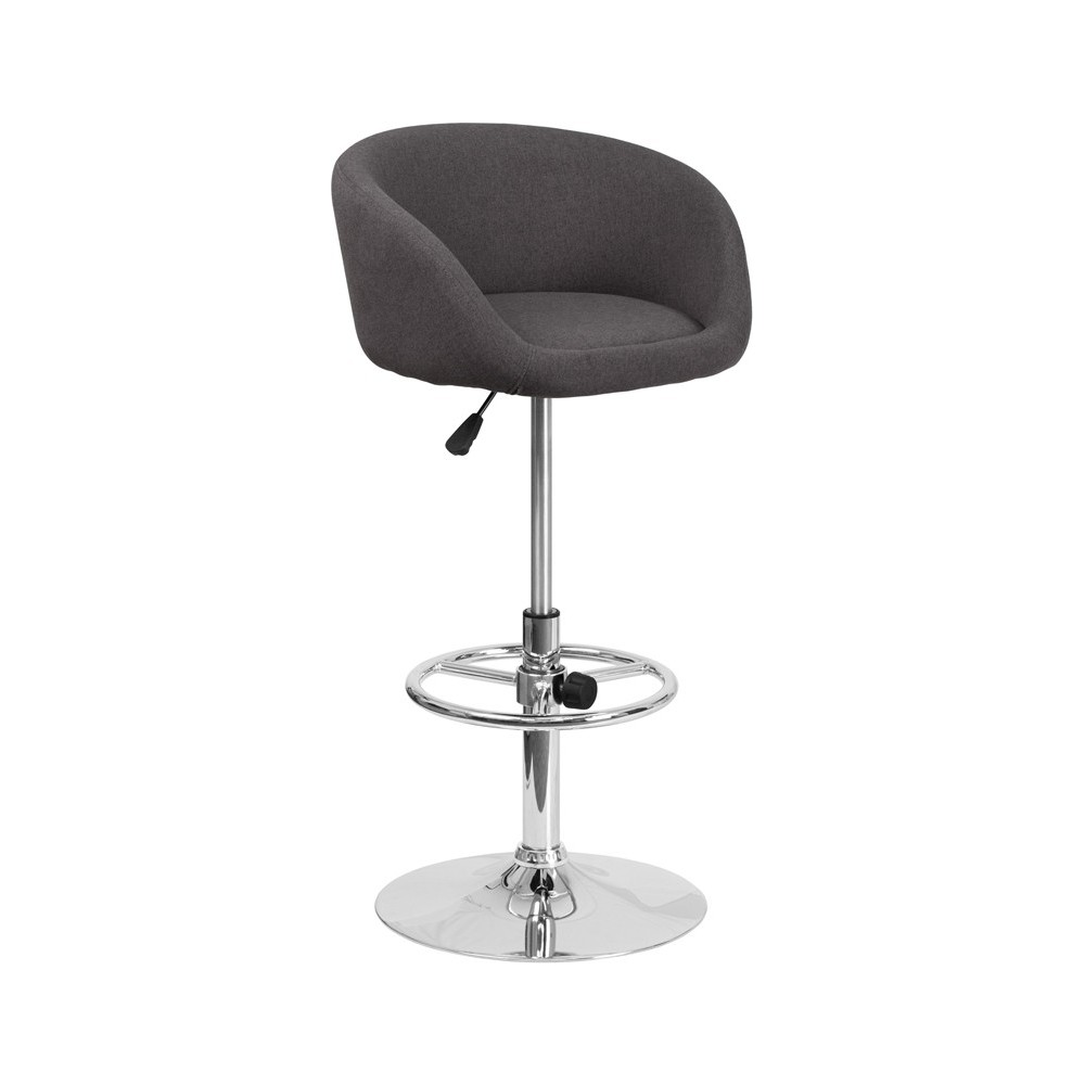 Contemporary Charcoal Fabric Adjustable Height Barstool with Barrel Back and Chrome Base